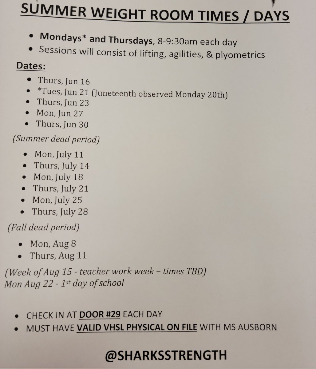 SharksStrength's tweet photo. Summer lifting starts TOMORROW 8-930 am!  Check in door #29.  #swolesharks #gosharks @colganathletics @colganhs https://t.co/sa0USriKda