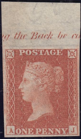 1857 die 2 1d plate 52 lettered AJ with marginal inscription in top margin. Imprimatur in a light orange-red shade on white paper with Large Crown watermark. #stampcollecting #lookfortheshield #rarestamps #stamps #stampcollecting #philately #collectingstamps #queenvictoria