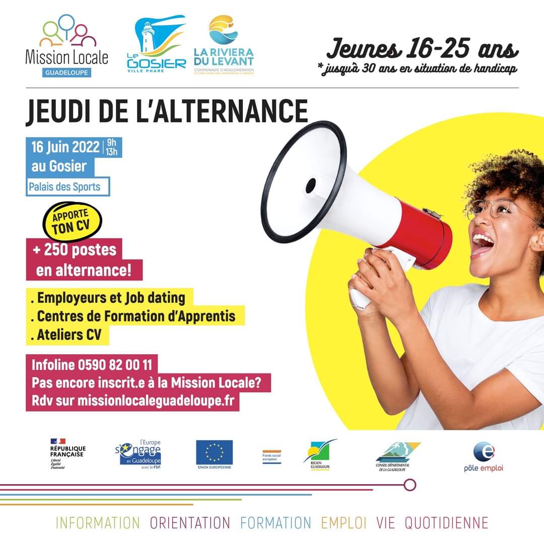 J - 1️⃣
#Jeunesse #Emploi | 🤝 En leurs qualités de partenaires majeurs aux côtés de la @MileGpe, la Ville du Gosier et la Communauté d'Agglomération la Riviera du Levant invitent tous les jeunes de 16 à 25 ans (et jusqu’à 30 ans en situation de handicap)