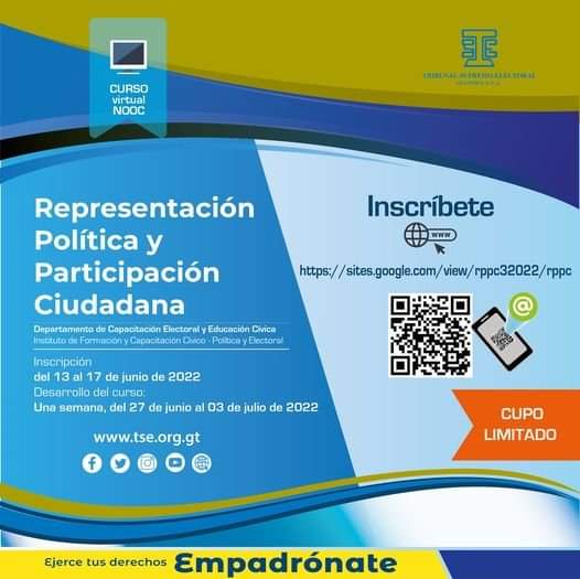 IEGuate's tweet photo. Se invita a participar en el curso virtual: "Representación Política y Participación Ciudadana", dirigido a docentes, estudiantes de nivel medio y ciudadanía en general. 

Inscripción en el enlace o escaneando el código QR colocado en la imagen:

https://t.co/uqxntK2FaG https://t.co/gLLZlxuO96