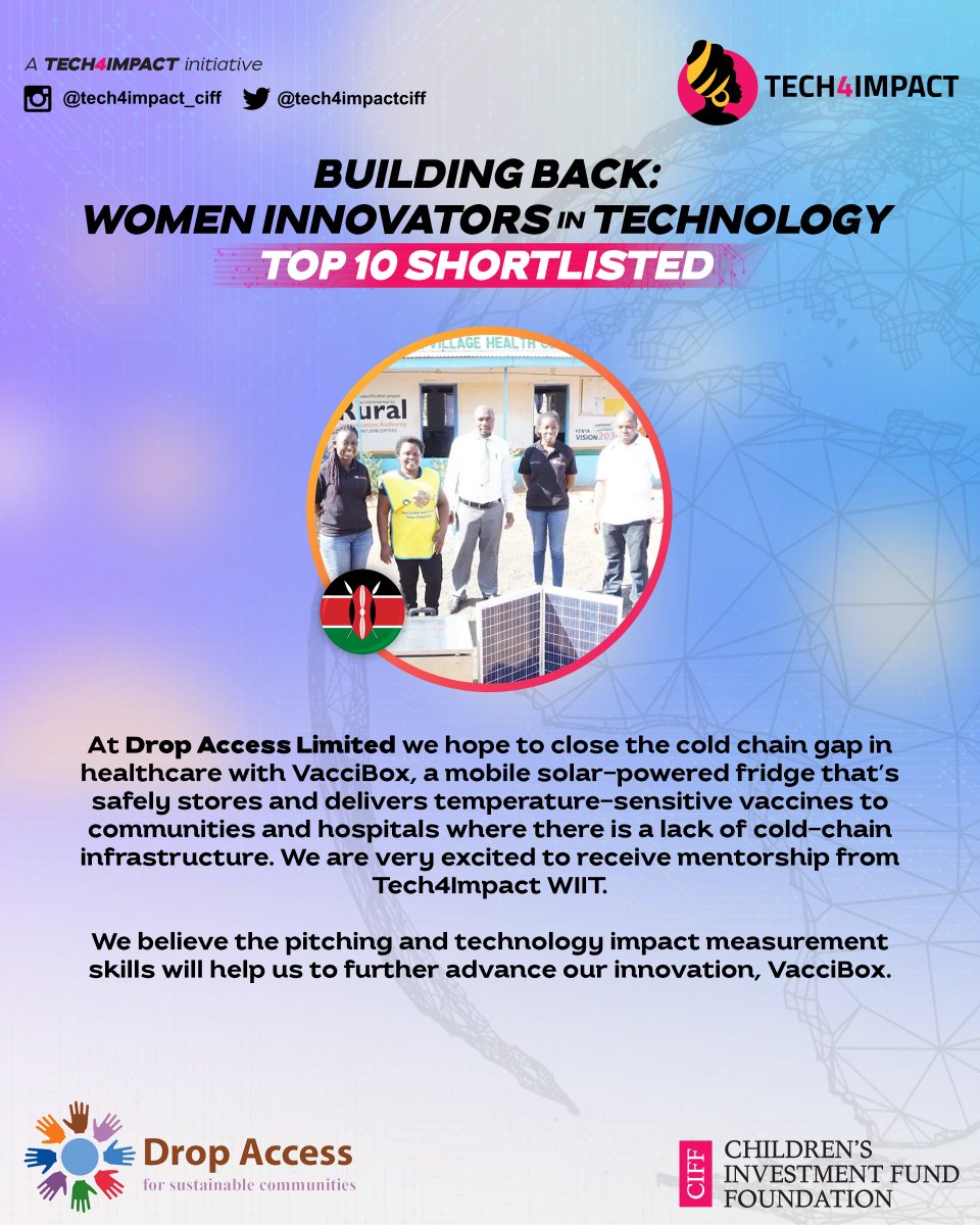 Tech4impactCIFF's tweet photo. Meet one of our top 10 qualifiers from Kenya, Drop Access, which hopes to close the coldchain Gap In Healthcare with VacciBox, a mobile solar-powered fridge that safely stores and delivers temperature-sensitive vaccines.

Looking forward to growth and interaction with Drop Access https://t.co/KjHM8zAtci