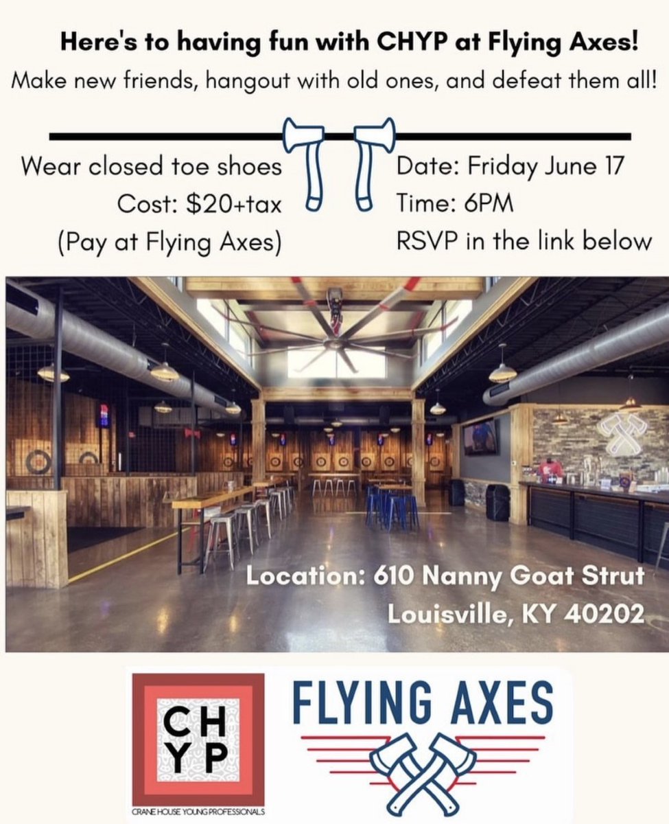 CraneHouse's tweet photo. This Friday is our CHYP Axe Throwing Social Event! Come join CHYP for a night of fun and stress relief! It is $20 at the door. Make sure you wear close toed shoes! Register for this fun event at the link in our bio. https://t.co/iBcXC0eqc5