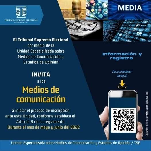 IEGuate's tweet photo. La Unidad Especializada sobre Medios de Comunicación y Estudios de Opinión del TSE Guatemala invita a los medios de comunicación a registrarse, como indica la Ley: 

"Las empresas, individuales o jurídicas, que presten servicios de comunicación, tradicionales y alternativos, https://t.co/kLhUHahFZf