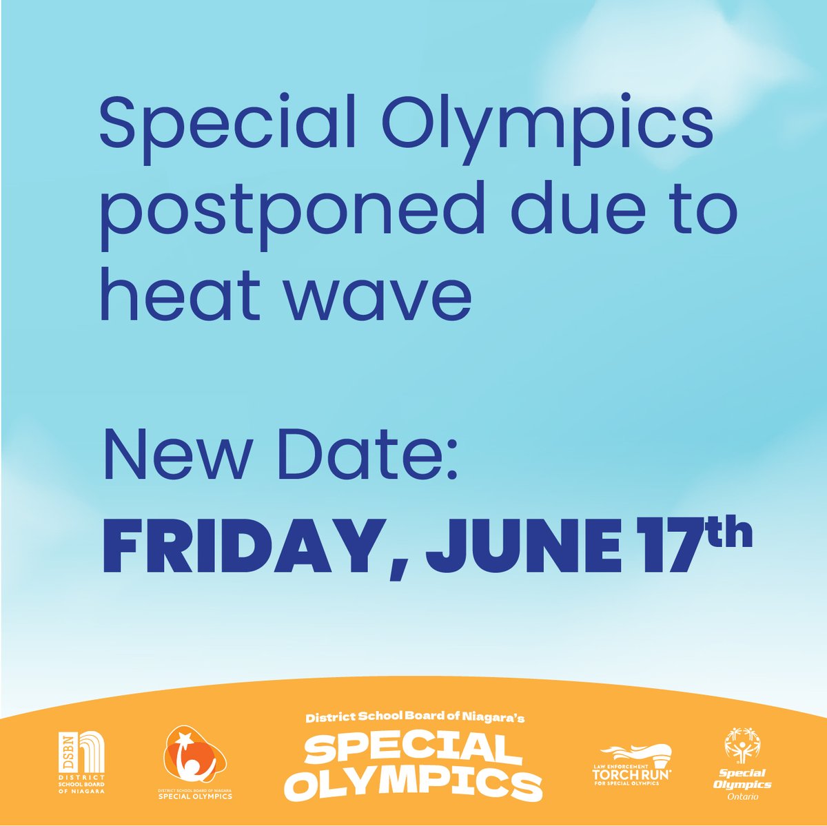 District School Board of Niagara (@dsbn) on Twitter photo ๐ข ๐๐๐๐๐ ๐๐๐๐๐๐๐๐๐: Due to a heat wave and thunderstorm forecast for June 16, the Special Olympics have been postponed to Friday, June 17. We're so excited to cheer our athletes on, but their safety is much more important. We just have to wait one more day! ๐ข ๐๐๐๐๐ ๐๐๐๐๐๐๐๐๐: Due to a heat wave and thunderstorm forecast for June 16, the Special Olympics have been postponed to Friday, June 17. We're so excited to cheer our athletes on, but their safety is much more important. We just have to wait one more day!