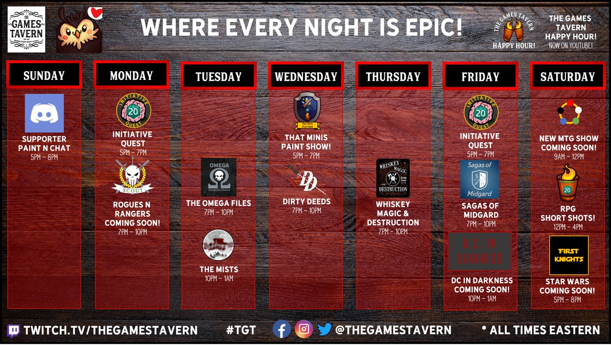 Current Schedule (all times eastern)
See graphic below for current and upcoming shows!

#dnd #callofcthulhu #VtM #ttrpg #twitch #youtube