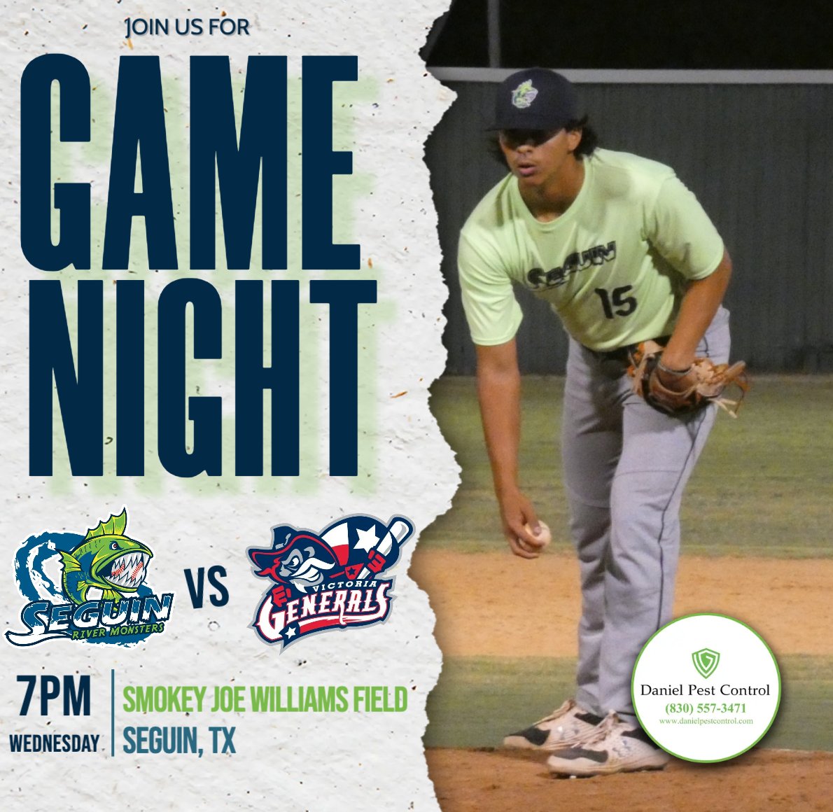 saRIVERMONSTERS's tweet photo. Its GAME NIGHT in SEGUIN! Join us tonight at Smokey Joe Williams Field for #nationalbugbustingday🪲 sponsored by @danlpest as we look to squash the Victoria Generals.

First Pitch 7:05 PM 
#Seguin #GetHooked #GoSters https://t.co/oTkIdg0oCd