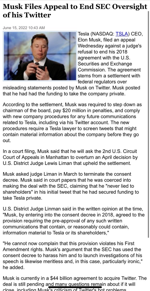 SawyerMerritt's tweet image. NEWS: Elon Musk filed an appeal Wednesday against a judge&apos;s refusal to end his 2018 agreement with the U.S SEC.