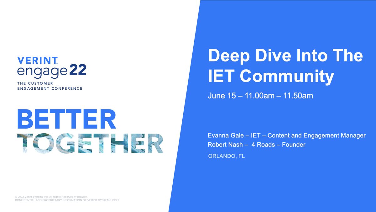 #Engage22 10-Minute Warning! Come join our Community Breakout for a deep dive into the IET community with <a href="/4Roads/">4 Roads</a>’ Rob Nash and <a href="/TheIET/">The IET​</a>'s Evanna Gale #verintcommunity #community