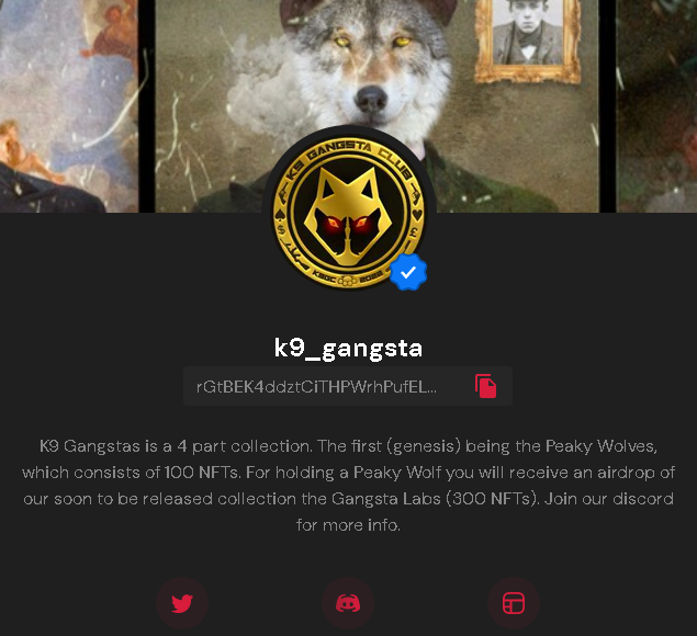 XRP_NFT_Hunter's tweet photo. โผ๏ธSologenic Top NFT collection (last 24 hours)โผ๏ธ
@KGangstas
K9 Gangstas is a 4 part collection. The first (genesis) being the Peaky Wolves, which consists of 100 NFTs.
https://t.co/RvQcNcCm8G
#NFTs #NFTCommmunity #nftart #NFT #XRP #XRPArmy #peakywolves #k9gangstas #nft https://t.co/9QwtOKOrA3