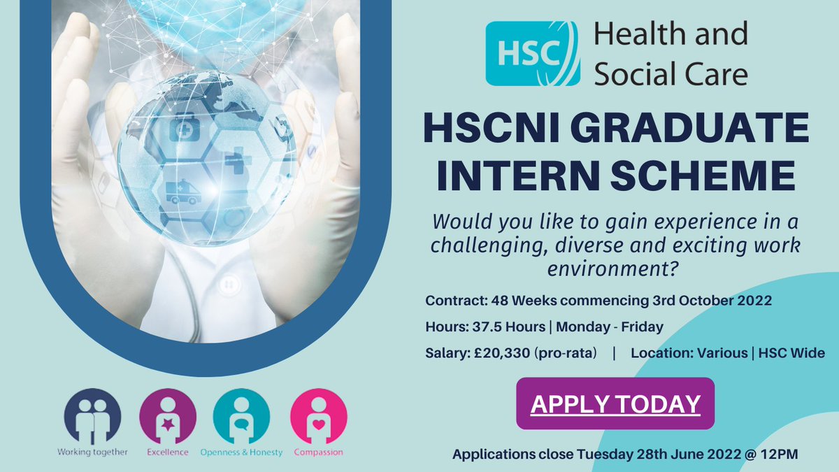 WesternHSCTrust's tweet photo. EXCITING OPPORTUNITY! Applications for the HSC Graduate Internship Programme now OPEN!

Want to gain experience working within the dynamic and exciting environment of HSCNI?

Apply today: https://t.co/WC0787pTko https://t.co/TgLFciXlxC