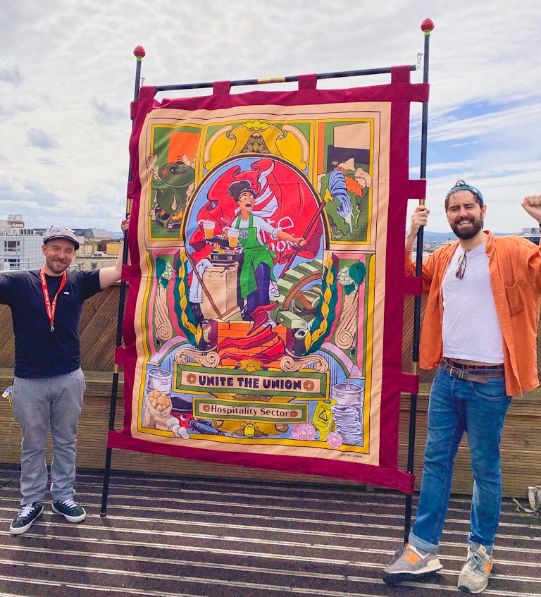 Today was a proud moment for me handing over the <a href="/unitetheunion/">Unite the union: join a union</a> <a href="/FairHospitality/">Unite Hospitality</a> New National Banner designed &amp; made by myself (Sewing work done by Hayley McSporran). It will be on the #WeDemandBetter <a href="/The_TUC/">Trades Union Congress</a> March &amp; Rally. Solidarity ✊🏻