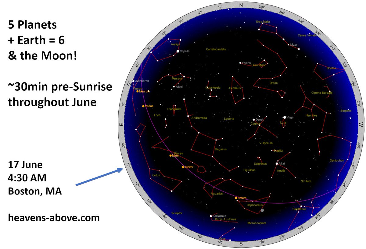 Ever see 6 planets at once? 5 are up all month ~30 min before dawn, as
well as the Moon. Where's the 6th? Look down!