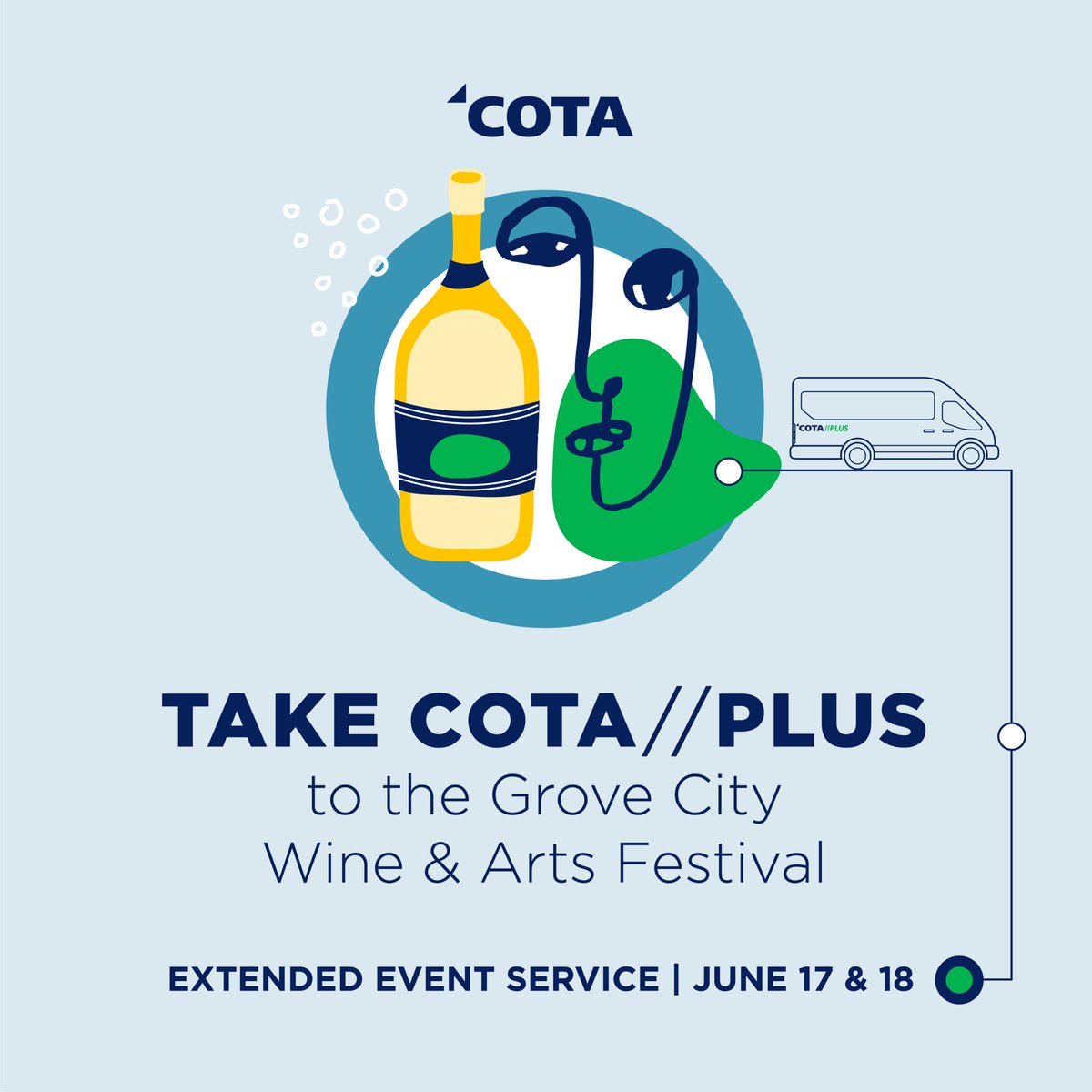 COTABus's tweet photo. Need a ride to the @GroveCityOhio Wine &amp; Arts Festival? COTA//Plus has you covered! We are extending service hours for this event. 

COTA//Plus Event Hours: 
June 17 | 5:30 a.m. - 11 p.m. 
June 18 | 10 a.m. - 11 p.m. 

Learn more about COTA//Plus: https://t.co/pc4ZYWae5k https://t.co/MGDgHKkHta