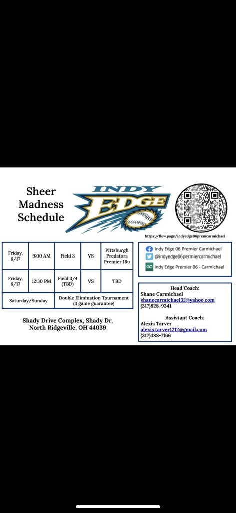 Schedule for the Sheer Madness tournament this weekend. Cant wait!!!!! @IndyEdge06prem1 <a href="/Coach_Alameda/">Lonni Alameda</a> <a href="/FSU_Softball/">Florida State Softball 🥎</a> <a href="/mborden22/">Mallory Borden</a> <a href="/TCam_FSUSB/">Troy Cameron</a>
