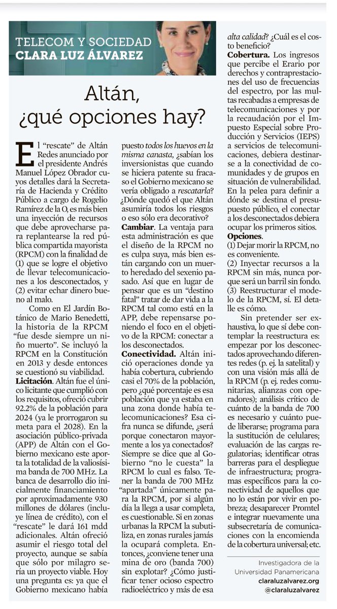 HoyenTelecom's tweet photo. .@ClaraLuzAlvarez: ¿qué pasó con la oferta formal de @AltanMx de que ella asumiría todos los riesgos que tenía el proyecto de #LaRedCompartida?

¿Únicamente fue una promesa decorativa?

. https://t.co/HKgTK9pyKC