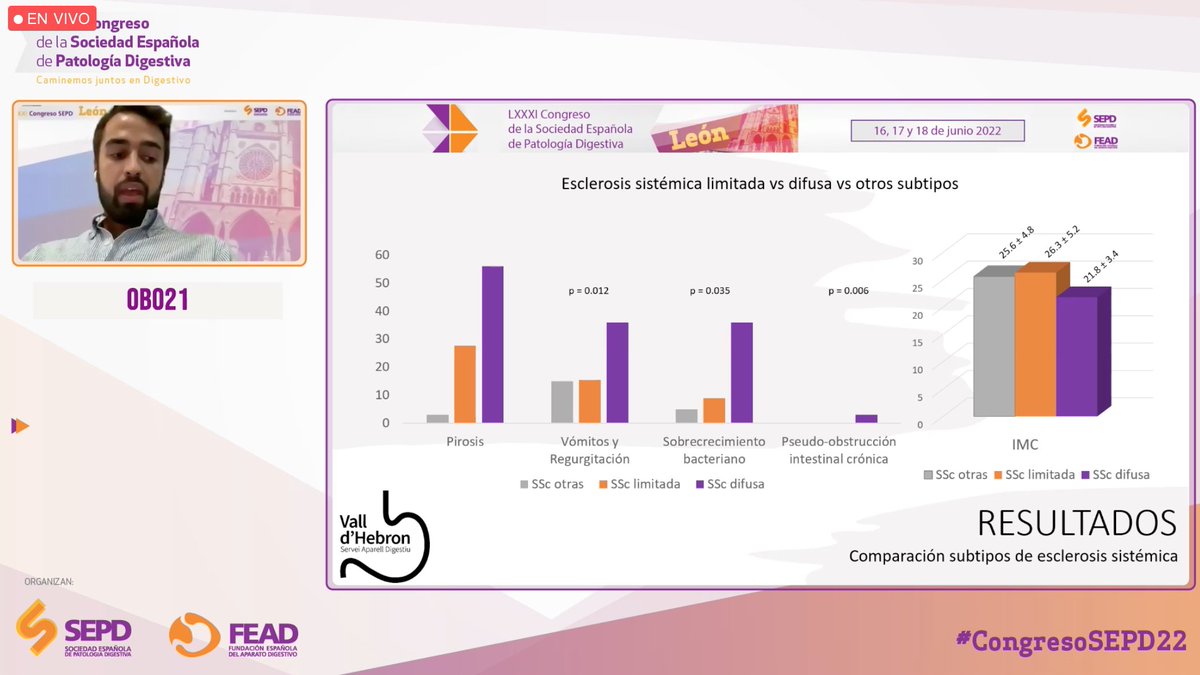 👨‍⚕️El Dr. Marín, del <a href="/vallhebron/">Vall d'Hebron</a>, presenta resultados muy interesantes sobre un estudio transversal de la prevalencia de manifestaciones digestivas en esclerosis sistémica  ⤵️

👏🏼👏🏼 Enhorabuena.

#CongresoSEPD22