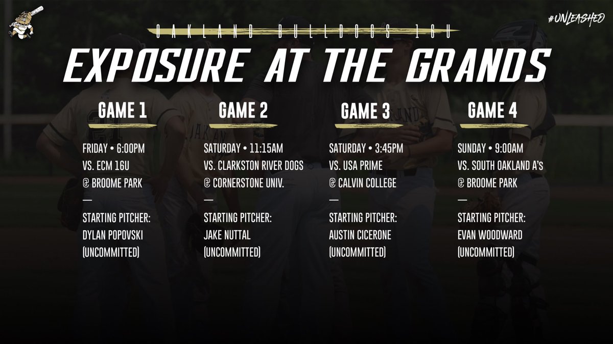 Oakland Bulldogs Baseball (@oaklandbulldogs) on Twitter photo Game schedule and projected rotation for the 16s this weekend⤵️
<a href="/ExposedatGrands/">Exposure at the Grands</a>
<a href="/obbrecruiting/">Oakland Bulldogs Recruiting</a> Game schedule and projected rotation for the 16s this weekend⤵️
<a href="/ExposedatGrands/">Exposure at the Grands</a>
<a href="/obbrecruiting/">Oakland Bulldogs Recruiting</a>
