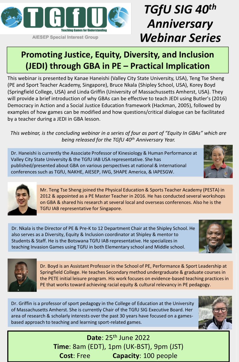 Korey_BoydPhd's tweet photo. Look forward to presenting (virtually) @TGfU2022 on JEDI through Game-Based Approach with @Kanaehaneishi @nkala_bruce @LindaGr23134398 and Teng Tse Sheng. #TGFU2022 #NAKHE #TGfU #Gamebasedapproach https://t.co/R0ezM3MKL5