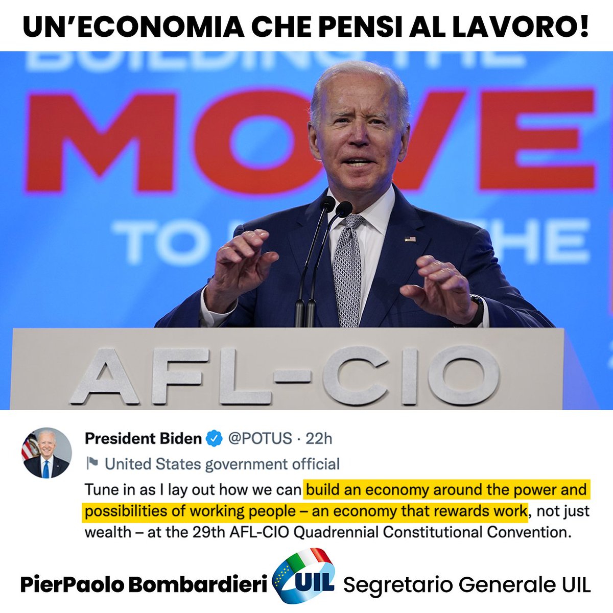 PpBombardieri's tweet photo. Il Presidente #Biden ha affermato che l’economia di oggi non può essere più orientata solo alla finanza, ma deve rimettere al centro il mondo del #lavoro. Una riflessione che ci arriva dalla terra del #capitalismo esasperato e che dovremmo riprendere anche in #Europa. https://t.co/JRlcDuz6tq