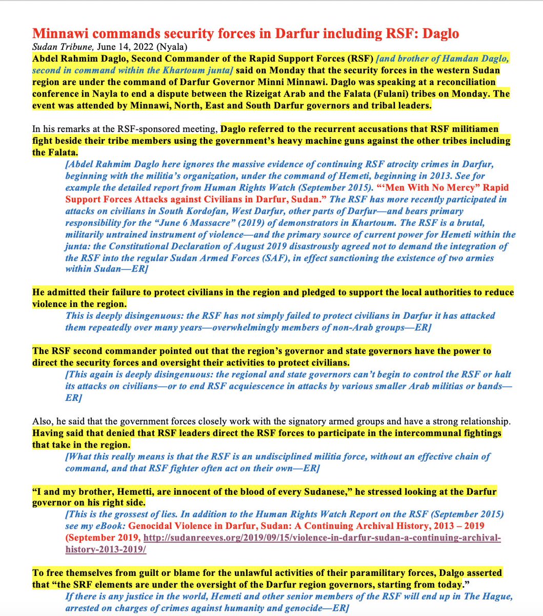 sudanreeves's tweet photo. This would seem to be another effort to whitewash the role of #RSF in extending the #Darfur genocide, beginning with its creation in 2013. #Minawi seems content to accommodate the effort—and RSF generally—in his continuing lust for power and abandoning of the people of Darfur. https://t.co/fLEIeW5sus