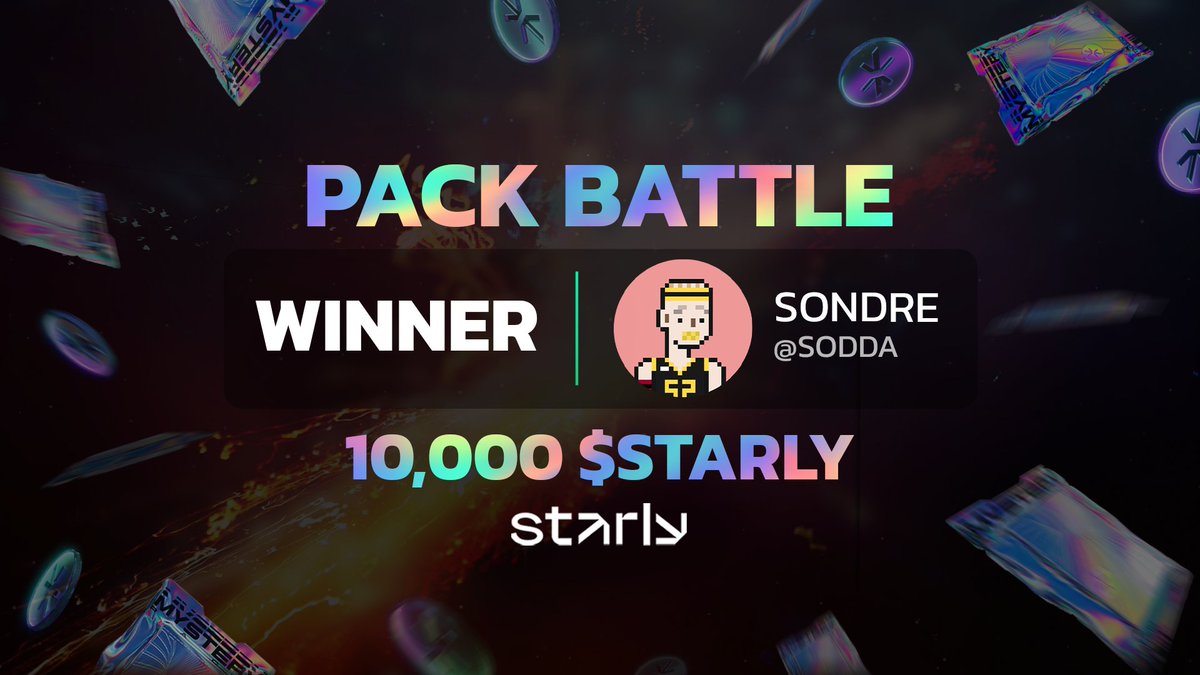 StarlyNFT's tweet photo. Congratulations to our very first Pack Battle winner 🥳

Stay tuned not to miss your chance to participate in the race to win 10,000 $STARLY in the next https://t.co/OOz1FTTZXR #NFT drop! https://t.co/xoXPFBnRsL