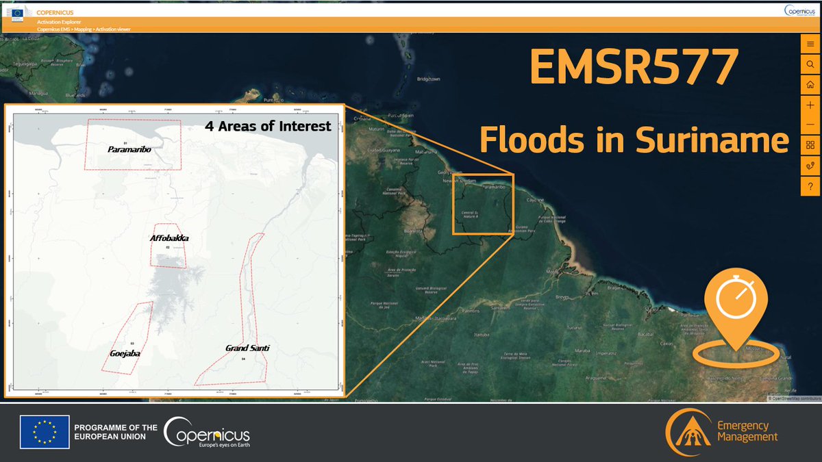 #EMSR577 Floods in #Suriname🇸🇷 On 25 May, a state of national emergency was declared due to the #floods that affected several districts of the country Our #RapidMappingTeam has been activated to assess the consequences of the floods🌊 More at👇 🔗emergency.copernicus.eu/EMSR577