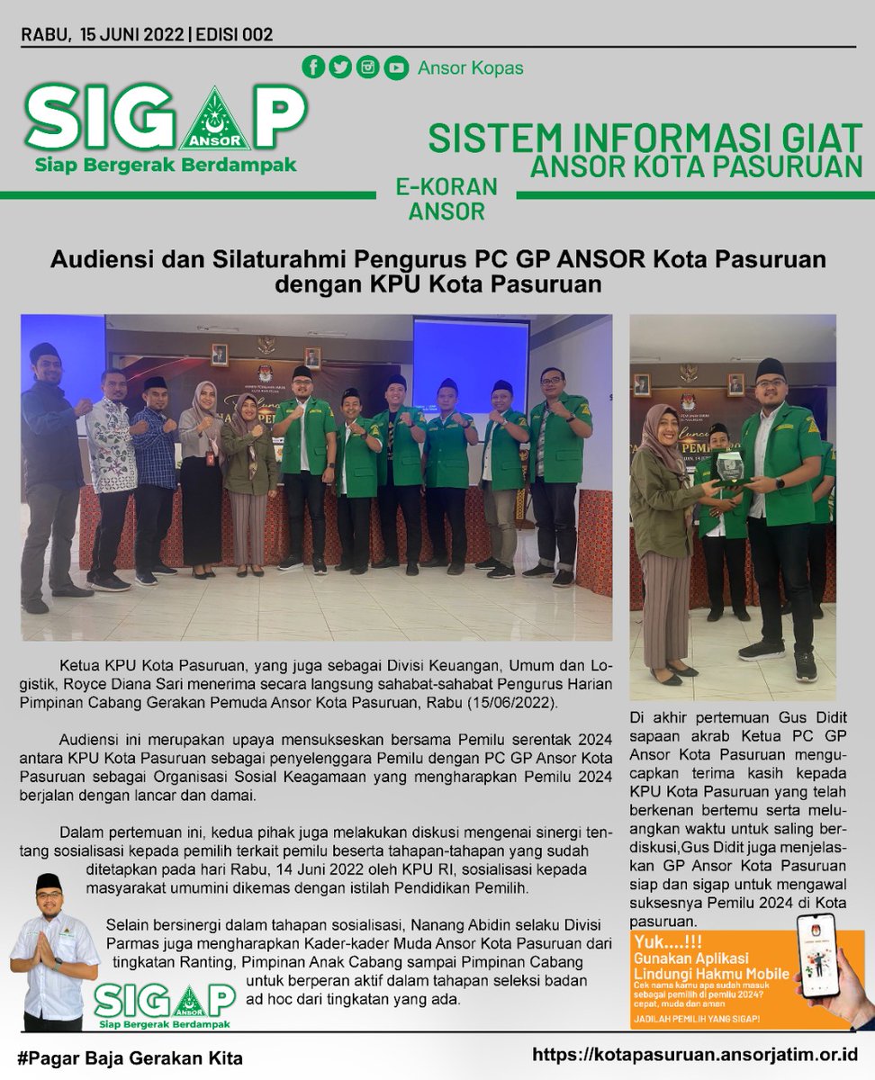 AnsorKopas's tweet photo. Jadi pemilih yang SIGAP, Ansor Kota Pasuruan Jalin Silaturrahim ke KPU Kota Pasuruan
@pwansorjatim
@kpukotapasuruan
@Dhydieet
#PemiluSerentak2024
#Ansor 
#Banser https://t.co/9DNyq1VVZ7