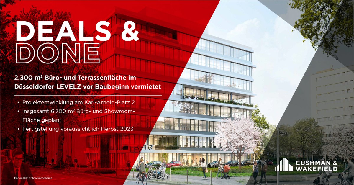 CushWakeGermany's tweet image. Unser #OfficeAgency Team hat 2.300 m² Büro- und Terrassenfläche im #LEVELZ in #Düsseldorf vor Baubeginn vermietet. Diese hochwertige und nachhaltige #Immobilie mit acht oberirdischen Geschossen wird bis Ende 2023 entstehen. Mehr unter: cushwk.co/3O0xlrp