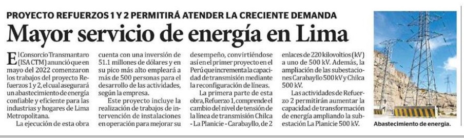 carlosmcaros's tweet photo. ¡Energía confiable y eficiente para Lima! Este proyecto es el 1ero a nivel nacional en incrementar la capacidad de transmisión eléctrica en líneas existentes. Más info en👉https://t.co/lko2YE72L3 #transmisiónelectrica #ISAREP #TransmisiónEléctrica #EnergíaLima https://t.co/cZPVAhWVIC