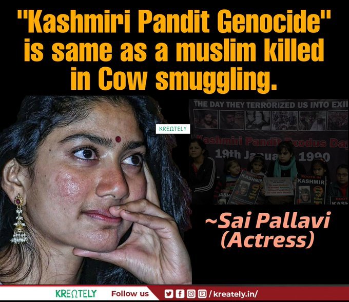 SidduChowdary5's tweet photo. #SaiPallavi @Sai_Pallavi92 
Many Hindus where Killed , Raped , Most of the Hindus where Sent from Kashmir. 
And u compared with Death of Cow Kidnapper.
As per SAI PALLAVI Logic 
Lakhs of Hindus Death = 1 death
Really Shame on You 💦💦
🐂🐄 = 🤰 Remember.
JAI SRI RAM🚩 https://t.co/XavZuRyPNZ