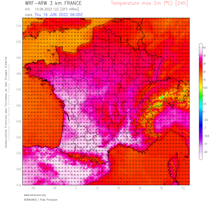 #Canicule - Données brutes d'ARW 3 km pour demain jeudi 16 avec localement 40°C modélisé sur le sud du pays.
A noter un biais bas du modèle entre Landes et Gironde où les 40°C devraient être approchés également. 