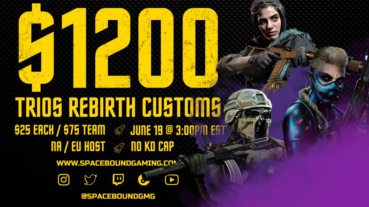 spaceboundgmg's tweet photo. 🚨 REBIRTH TRIOS CUSTOMS 🚨

Reply for spot consideration 🚀

📅 | June 19
⏰ | 3:00pm EST
👥 | 45 player cap
💰 | $1200
🎟️ | $25 each / $75 team
🎮 | Play 8 Keep 6
🌐 | 4 NA / 4 EU

#SBG | #ToInfinity | #rebirthisland https://t.co/YX2Bk7GVed