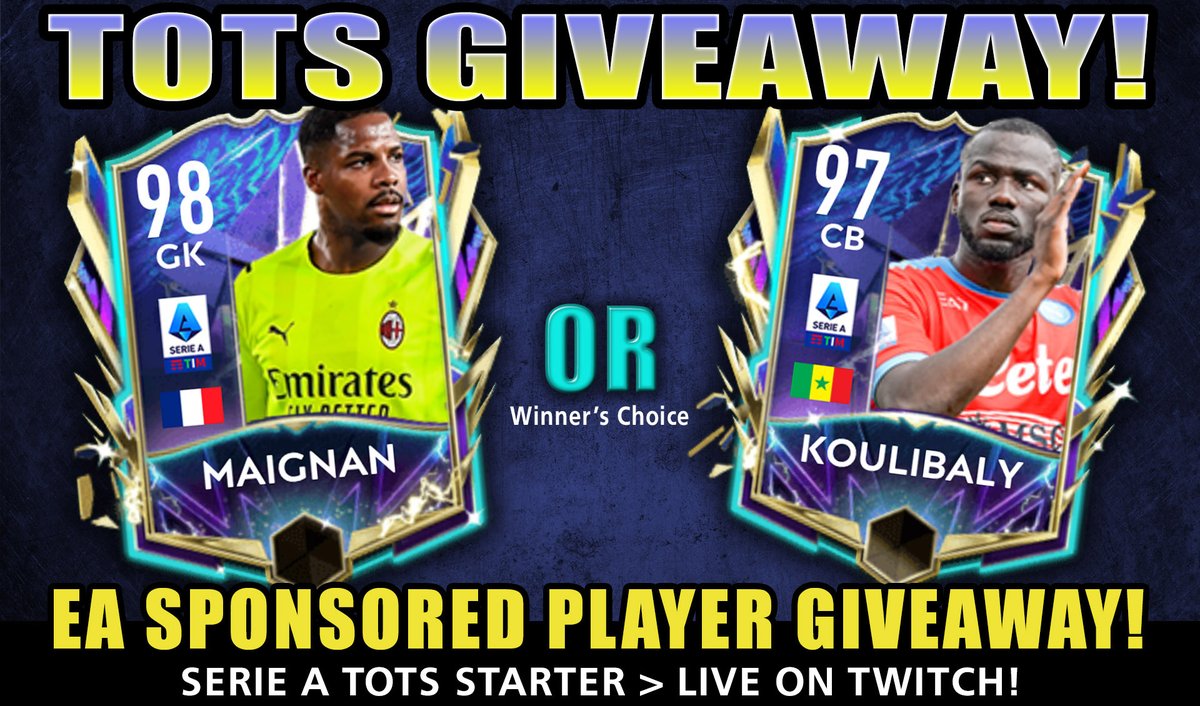 FinallyHeSleeps's tweet photo. TOTS SERIE A GIVEAWAY

To Enter:
- follow me
- follow @EAFIFAMOBILE
- RT / Like this Tweet
- Be present on Twitch today when we go live before reset

Winner will be drawn via Wheel of Heart Attacks live on Twitch following the UTOTS player reveals! https://t.co/wlYfMJwZ87