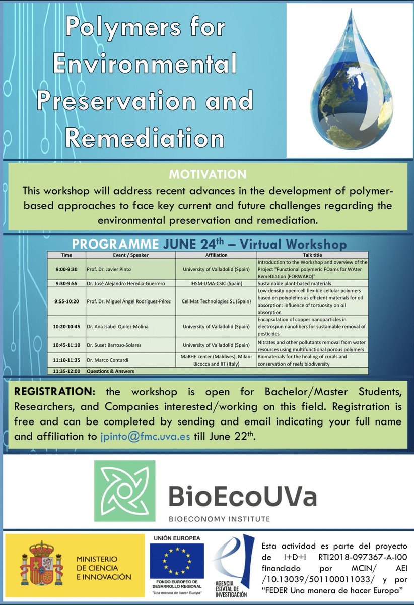 BioEcoUVa's tweet image. 🔊WORKSHOP | &quot;Polymers for Environmental Preservation and Remediation&quot;. 
Organiza: Javier Pinto (#CellMat @BioEcoUVa)

🗓️24 de junio de 2022
ℹ️Formato: virtual. 
📝Inscripciones: hasta el 22 de junio vía email: pinto@fmc.uva.es