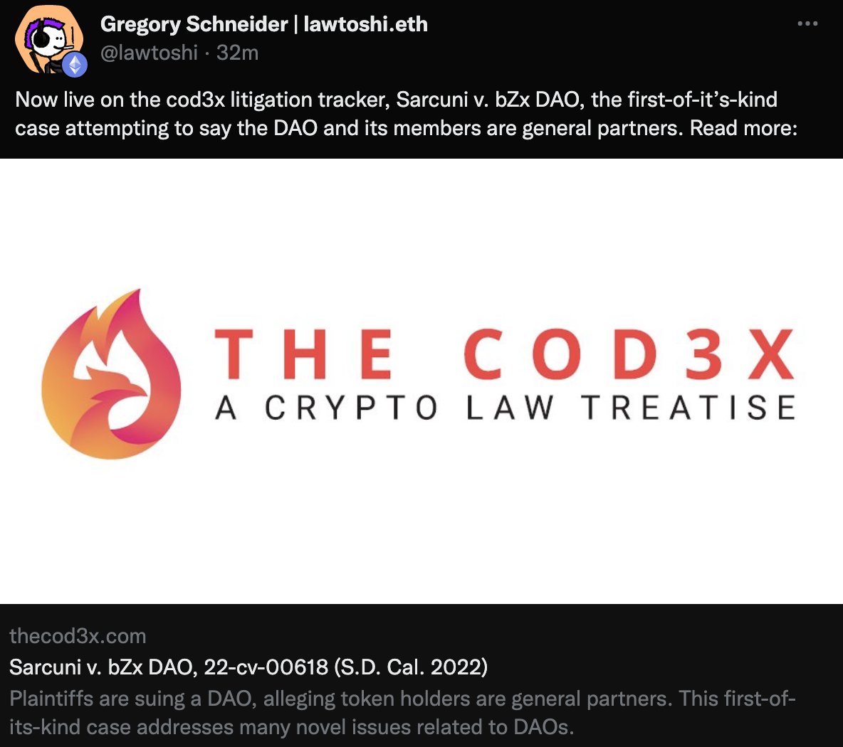 Been saying this for over a year! if you're a DAO (or project team) and you are not properly incorporated, you are subjecting your team (personally) and your token holders to PERSONAL LIABILITY. This fading of traditional legal frameworks bc it's not "Web3" is insanity. <a href="/lawtoshi/">Lawtoshi</a>