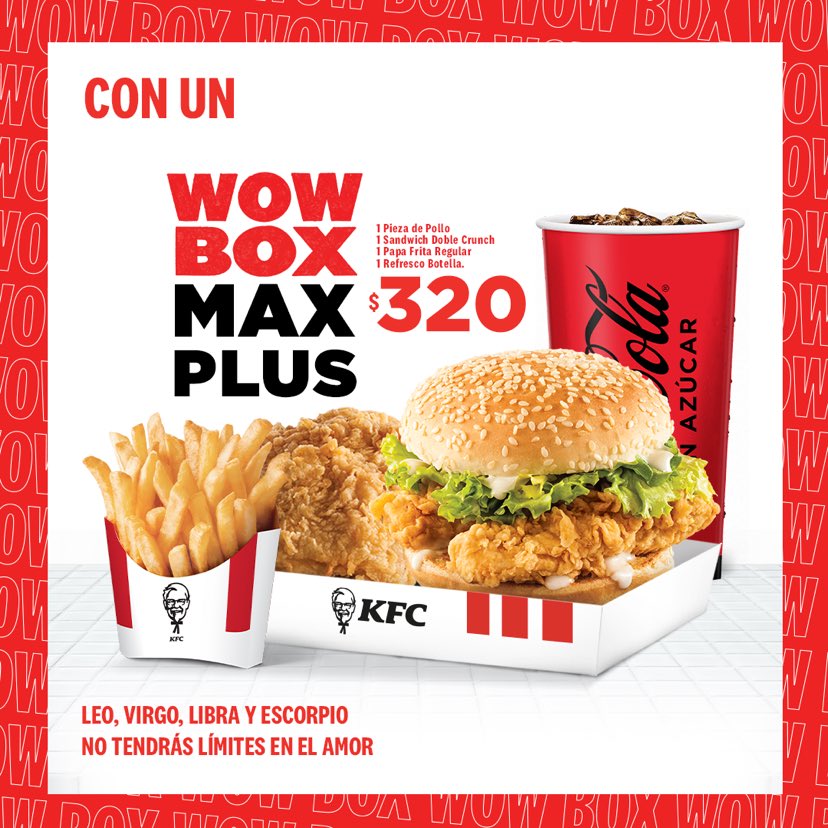 KFCRepDom's tweet photo. Hoy te toca #WowBox según tu signo. 😋🍗
¡Visítanos o pídelo por la web https://t.co/RVFInSrMcM para delivery o recoger en restaurante!
#KFC #KFCRepDom #wowbox https://t.co/yPDlAWNQ2u