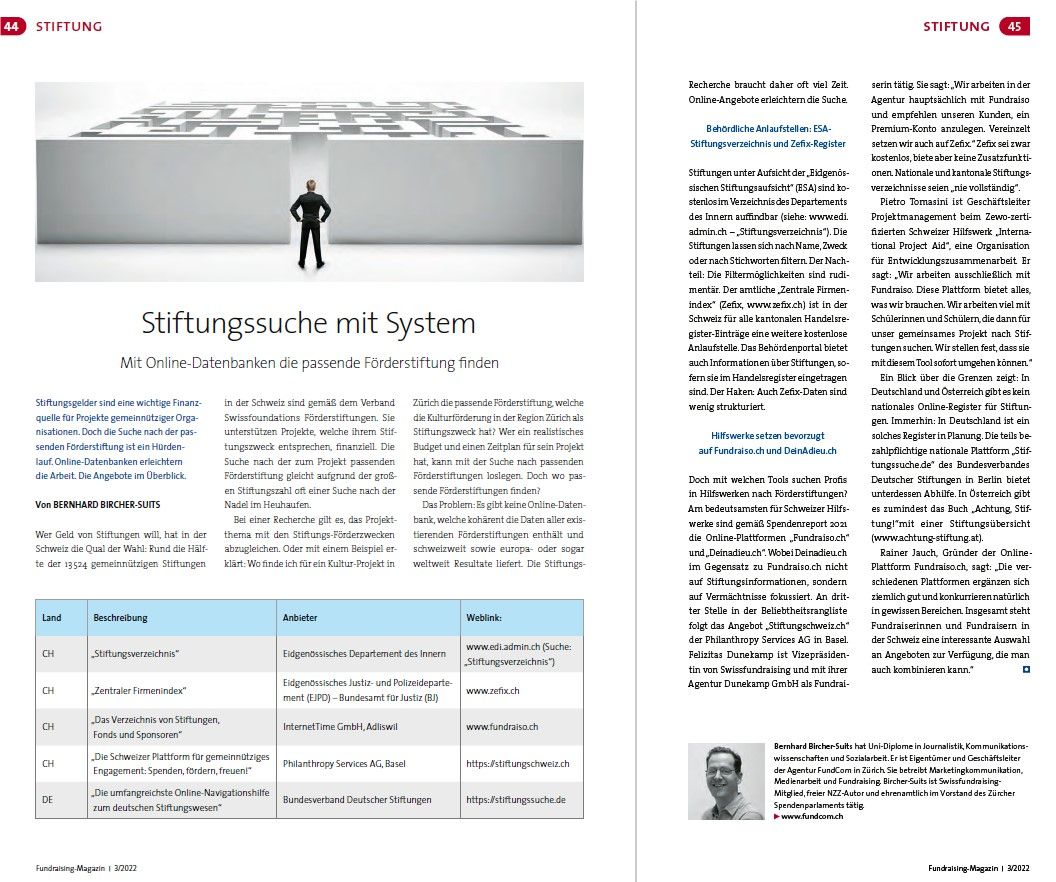 Bernhard Bircher-Suits FundCom (@fundcomag) on Twitter photo Stiftungssuche mit System
Mit Online-Datenbanken die passende Förderstiftung finden - jetzt mein Ratgeber-Artikel mit Tabelle im neuen "<a href="/fundraiser_mag/">Fundraising-Magazin</a>" 3-2022 lesen (S. 44).
Oder schauen Sie bei meinem Blog vorbei:
fundcom.ch/allgemein/stif…
#fundraising #stiftungen #digital Stiftungssuche mit System
Mit Online-Datenbanken die passende Förderstiftung finden - jetzt mein Ratgeber-Artikel mit Tabelle im neuen "<a href="/fundraiser_mag/">Fundraising-Magazin</a>" 3-2022 lesen (S. 44).
Oder schauen Sie bei meinem Blog vorbei:
fundcom.ch/allgemein/stif…
#fundraising #stiftungen #digital