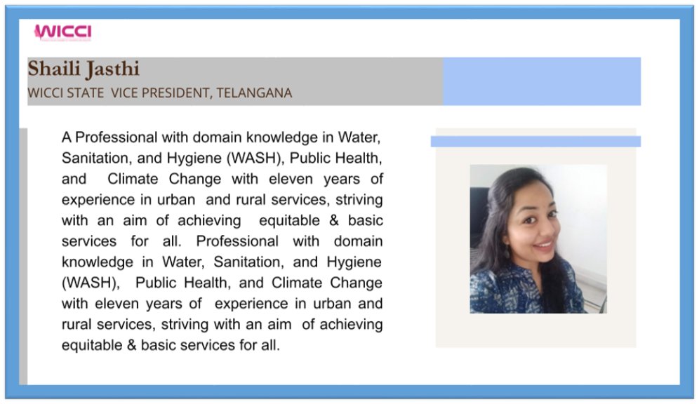 waterrescon's tweet image. Shaili Jasthi, WICCI State Vice President, Telangana. @ShailiJasthi @manseebal @MeghaSanjaliwal @kalpanapatel_17 
#WICCI #WICCIINDIA #WOMENCHAMBER #WICCIWoman #womeninwater #womenwaterwarriors #waterindustry #MoJS #DoWR #JanShakti4JalShakti #JalShakti