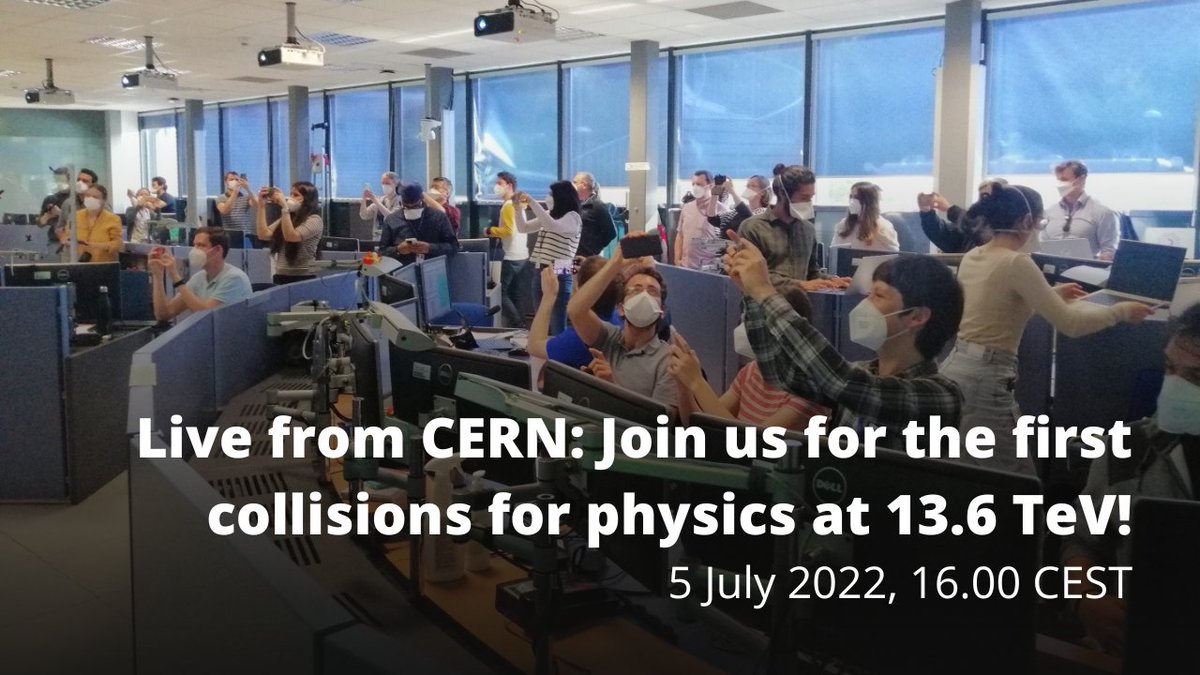 CERN's tweet photo. Less than three weeks until #LHCRun3

Join CERN scientists live on 5 July, 16.00 CEST to celebrate the first collisions with stable beams at the world-record energy of 13.6 TeV, a milestone that will mark the beginning of the third physics run of the LHC. https://t.co/9lziryq3Uz