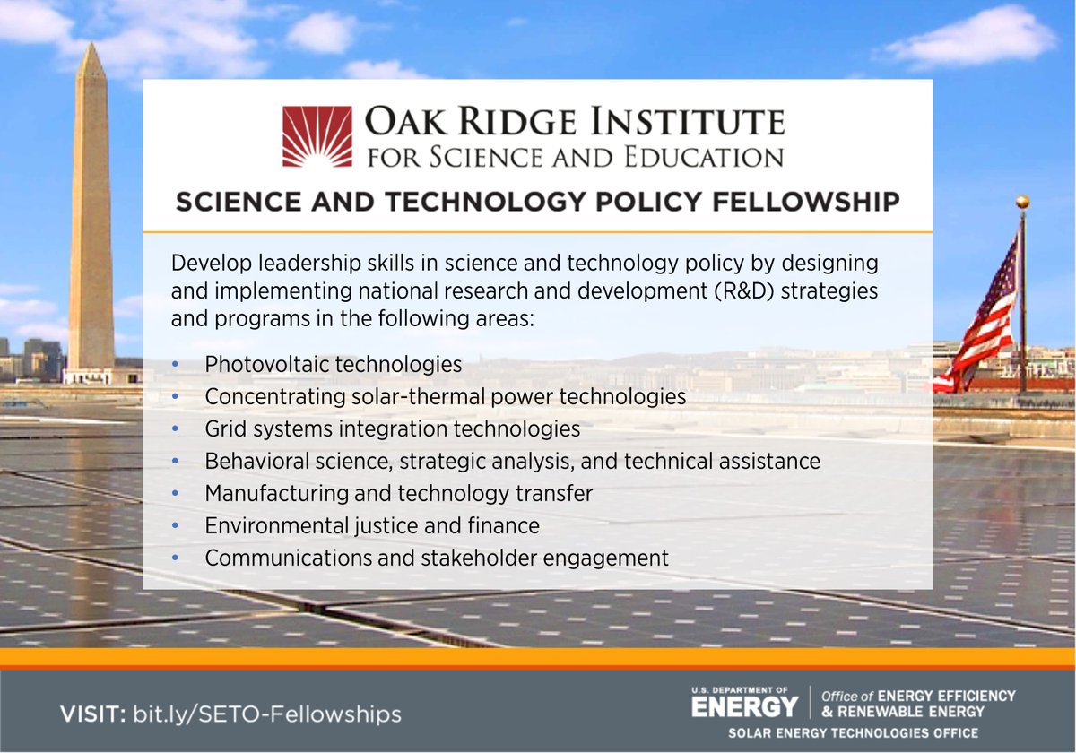solarpowerqueen's tweet photo. Are you a solar researcher, student, or communications pro? You can work for @ENERGY’s Solar Office! ☀️

The @ORISEconnect Science &amp; Technology Policy Fellowship makes it possible. Deadline: Jul 15. Learn more about the program: https://t.co/qG2aNvaM2O #scipoljobs #scicomm https://t.co/oibhalMsIW