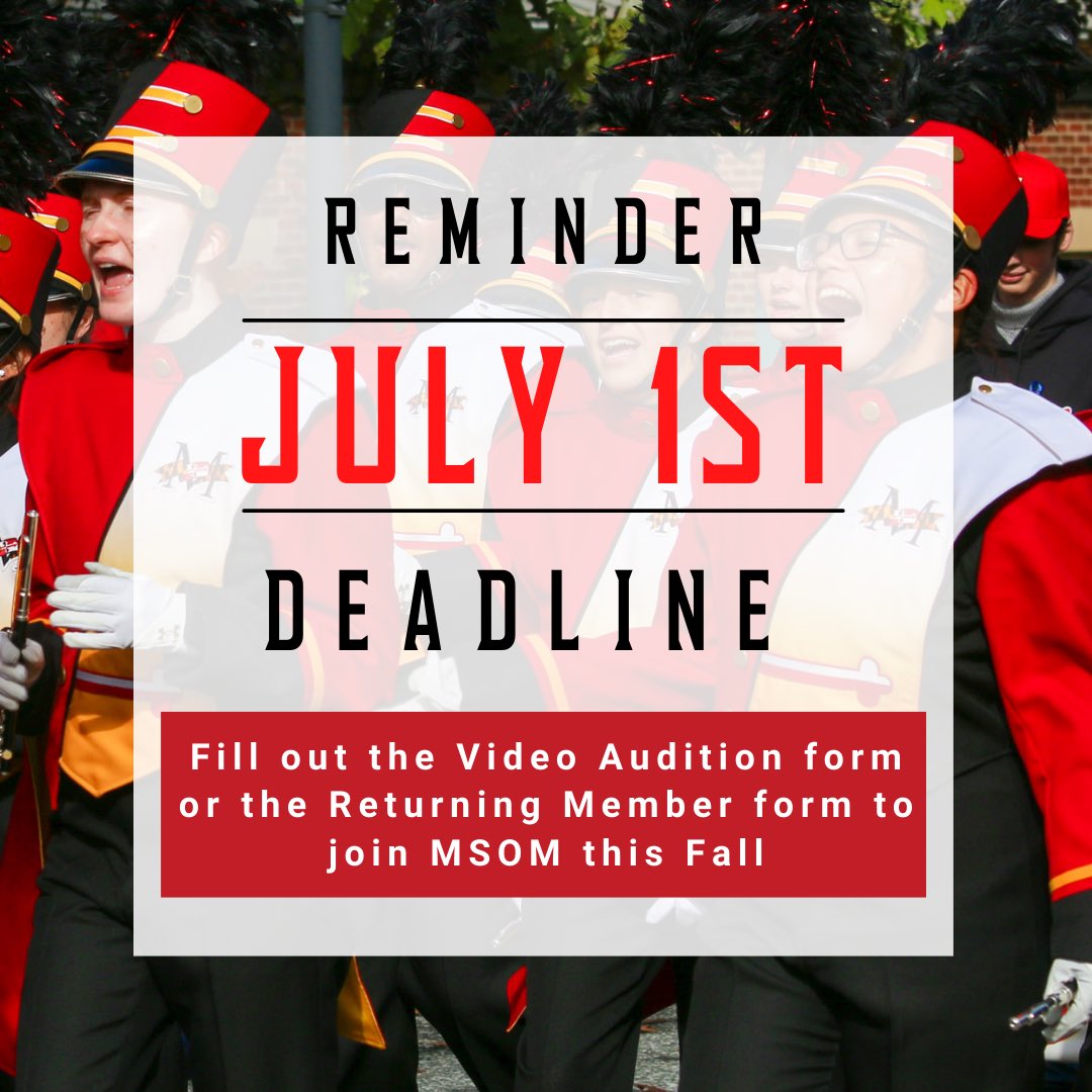 Reminder that the deadline to join MSOM is July 1st! Make sure to submit the video audition form for new members and the Returning Member Form for returning members by July 1st to join us this Fall. More information at ter.ps/msom2022info
#umd2026 #goterps #msom