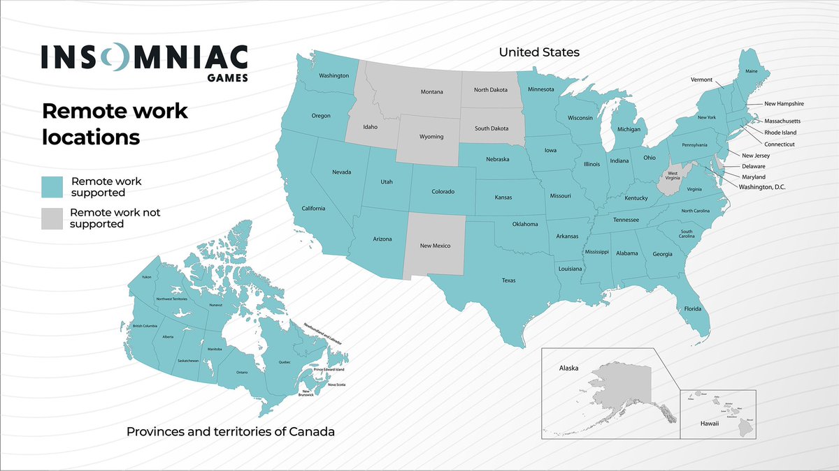 Did you know <a href="/insomniacgames/">Insomniac Games</a> supports Remote Work in 40 States and every Canadian province? (and we currently have employees in 25 of those states and two Canadian provinces) 

Join us:

insomniac.games/careers/