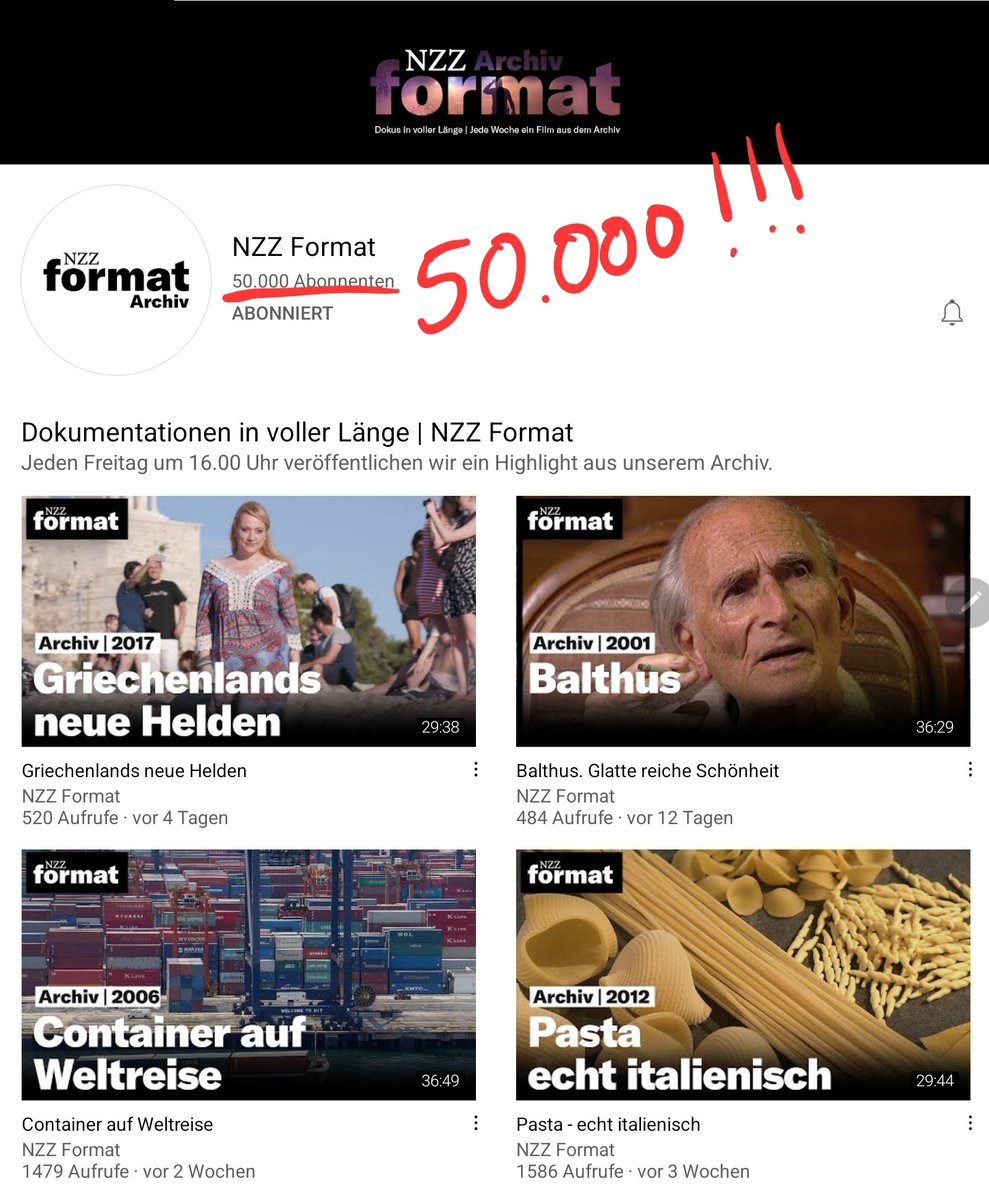 NZZ Format (@nzzformat) on Twitter photo Zum 50.000 YouTube-Abonnenten haben wir unserem Kanal ein Update verpasst! Neues Logo, Banner, Titelbilder.
Viel deutlicher wird, dass es sich um einen Archiv-Kanal handelt- mit Filmen aus knapp 30 Jahren <a href="/nzzformat/">NZZ Format</a>.
Reinschauen, abonnieren, Spaß haben: youtube.com/c/nzz Zum 50.000 YouTube-Abonnenten haben wir unserem Kanal ein Update verpasst! Neues Logo, Banner, Titelbilder.
Viel deutlicher wird, dass es sich um einen Archiv-Kanal handelt- mit Filmen aus knapp 30 Jahren <a href="/nzzformat/">NZZ Format</a>.
Reinschauen, abonnieren, Spaß haben: youtube.com/c/nzz