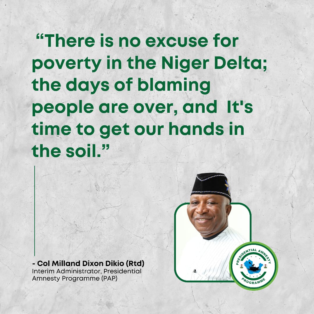Ebiowei_C's tweet photo. "There is no excuse for poverty in the Niger Delta; the days of blaming people are over, and it's time to get our hands in the soil."
- Col. Milland Dixon Dikio (Rtd)
Interim Adminstrator, Presidential Amnesty Programme (PAP)
#NigerDeltaDevelopment
#Preferedplace https://t.co/KgZfC8i6aE