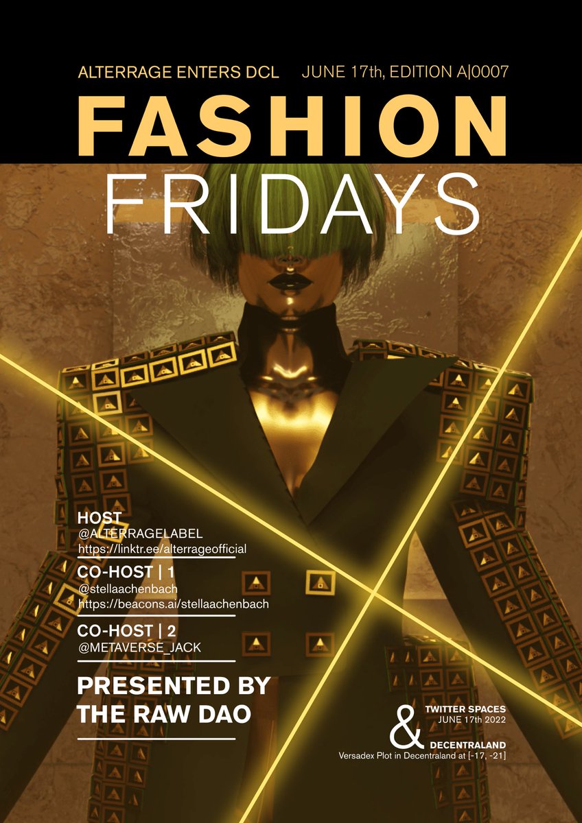 ALTERRAGELABEL's tweet photo. For this #FashionFridays, @KALAU_URL will be hosting a preview to the LTL FUTR E*SHCK Édition showcase in Decentraland 🔥Join @METAVERSE_JACK @stellaachenbach to explore how we can use digital disruption to empower IRL activism ✊ DCL Coodinates [-17, -21] 🔗👇 https://t.co/fHjXMv14HE