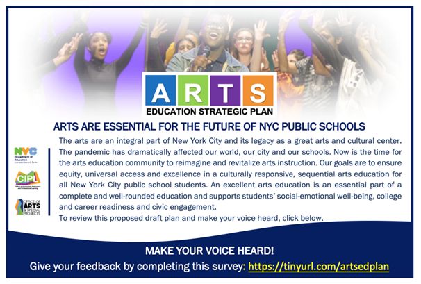 Our partners <a href="/NYCSchools/">NYC Public Schools</a> understand that the arts are essential for students' education and creative empowerment. For their next Arts Education Strategic Plan, they want to hear from you!

Review the draft plan take the survey by June 17: tinyurl.com/artsedplan