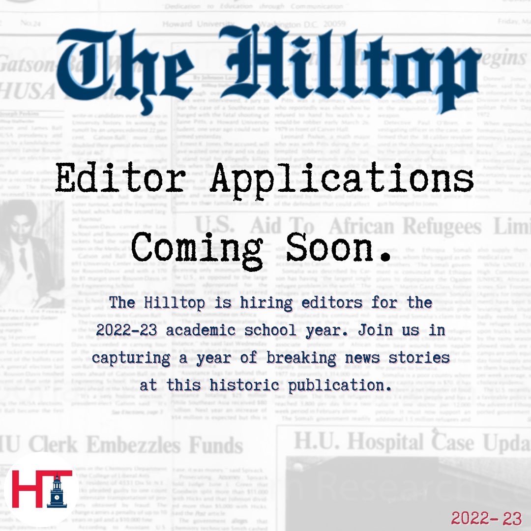 TheHilltopHU's tweet photo. It’s that time of year! The Hilltop editor applications will be opening up soon. If you are interested in an editor position, learn more below about what each position entails. We can’t wait to see your applications! https://t.co/WbOP1DlQ7p