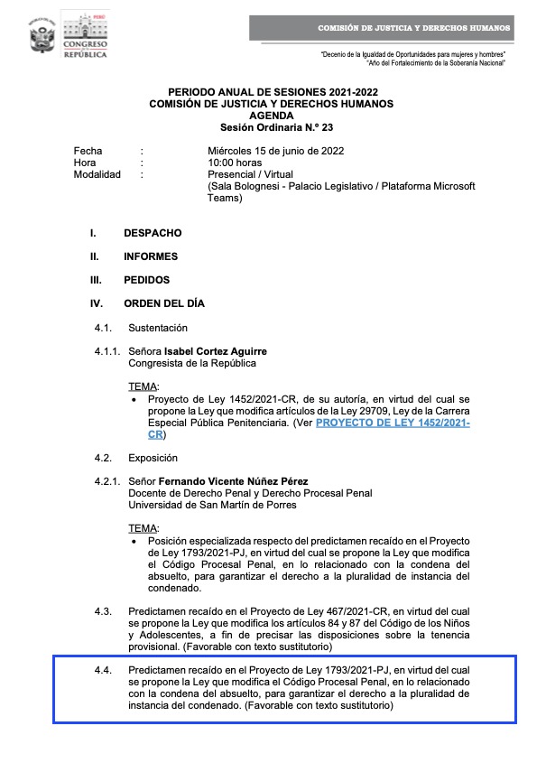 CpaPeru's tweet photo. #HOY la @ComJusticiaDDHH verá el #Predictamen de un #ProyectoDeLey propuesto por el @Poder_Judicial_. Este establece que si en segunda instancia se revoca una sentencia absolutoria, condenando al imputado, este pueda impugnar ante una tercera instancia para su revisión. https://t.co/JfW2QGuleI