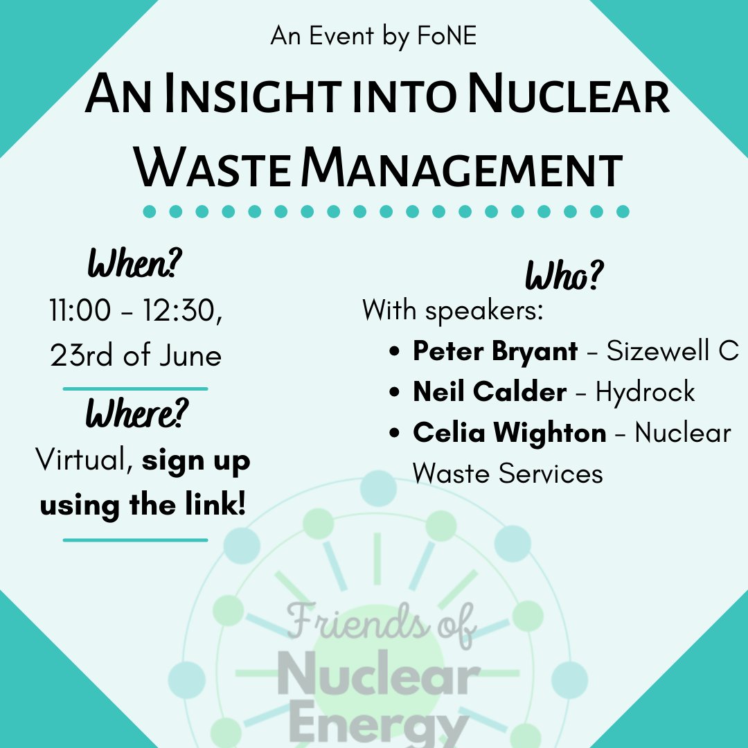On the 23rd of June, we'll be providing you with An Insight into Nuclear Waste Management!

Attendance is free, use this link to sign up: forms.office.com/Pages/Response…

Keep an eye on our channels for the next few days!

<a href="/NI_YGN/">Nuclear Institute Young Generation Network (YGN)</a> <a href="/WiNuclear/">Women in Nuclear UK</a> 
#nuclear #nuclearenergy  #FoNE #NetZero