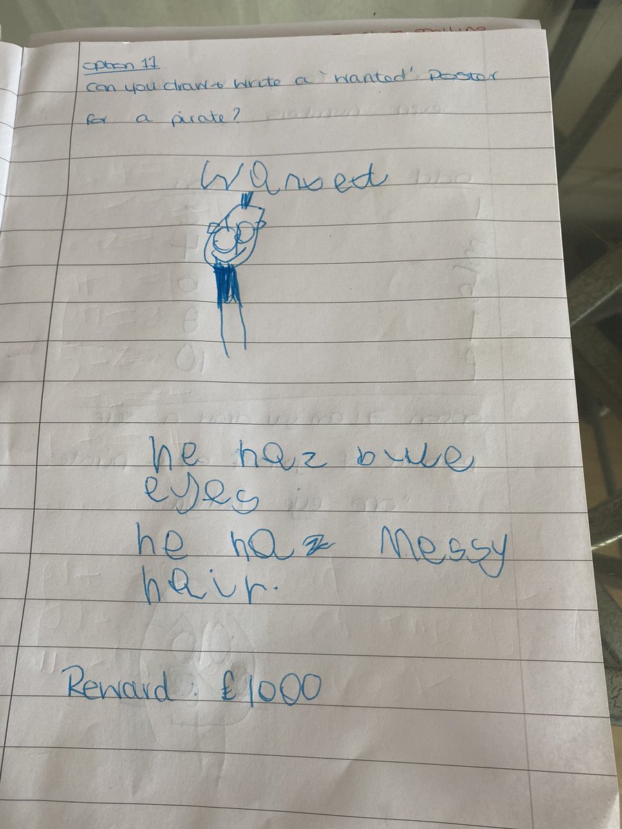 bethanyjayde95's tweet photo. @FellDykePrimary @missainsley1 FRS has listed odd and even numbers, drawn a wanted poster for a pirate and drawn herself as a pirate and gave herself a pirate name.#receptionhomework #redclass https://t.co/hfRL6fNjDa
